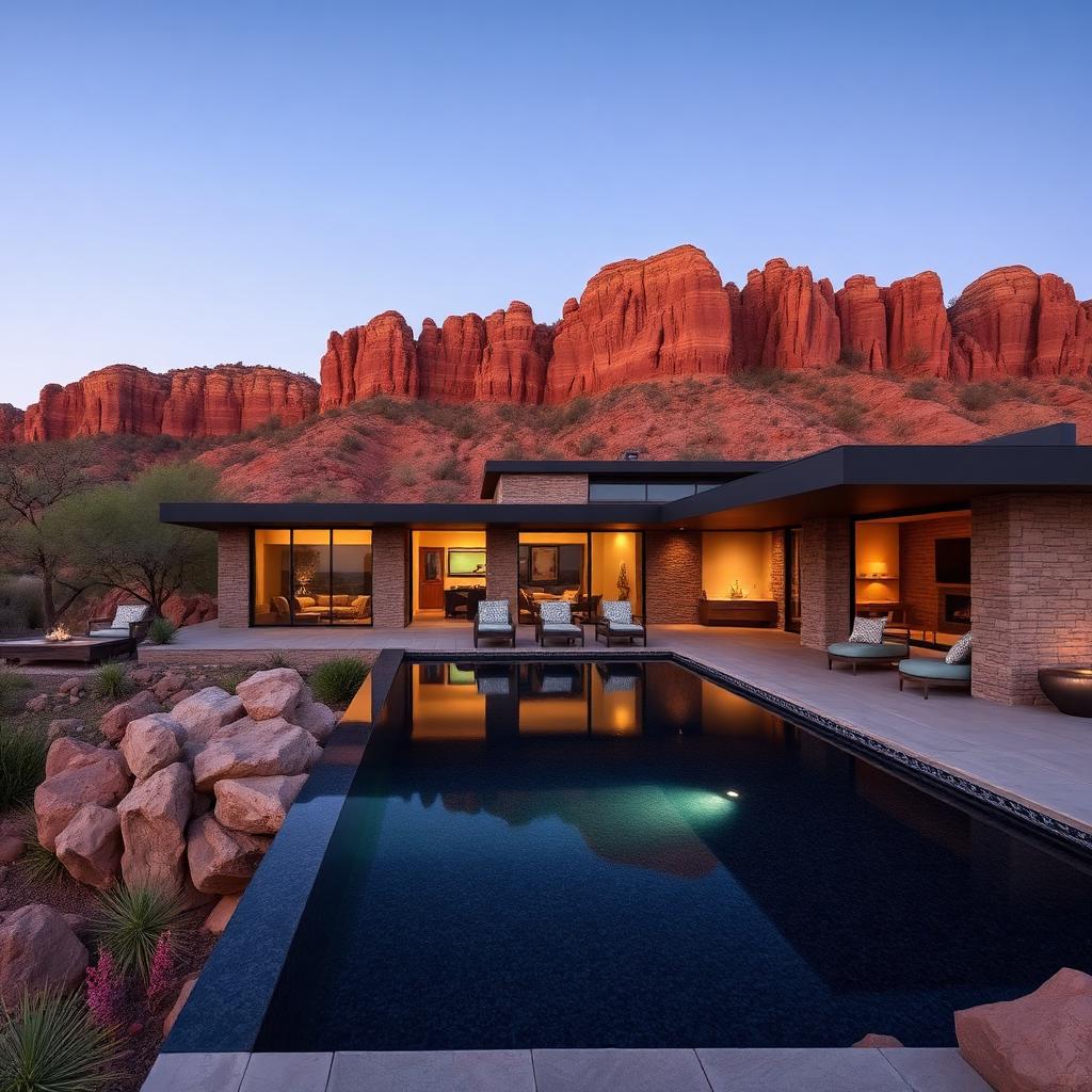 The Camelback Plan — rendering of a mountain-modern estate with stacked stone walls and an infinity-edge pool beneath red sandstone mountains in Paradise Valley, Arizona
