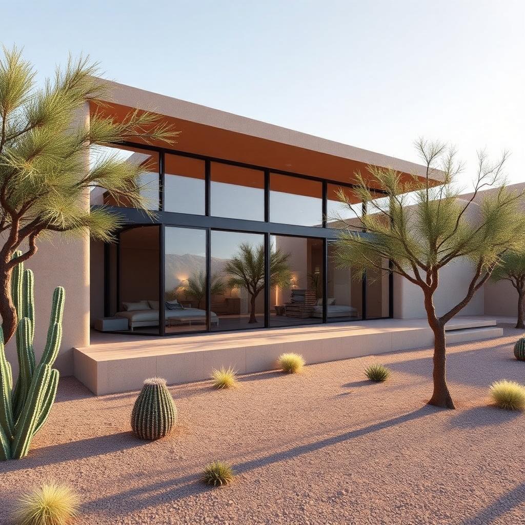 The McDowell Plan — rendering of a contemporary desert pavilion home with rammed-earth walls, clerestory glass and a sculptural desert garden in North Scottsdale, Arizona