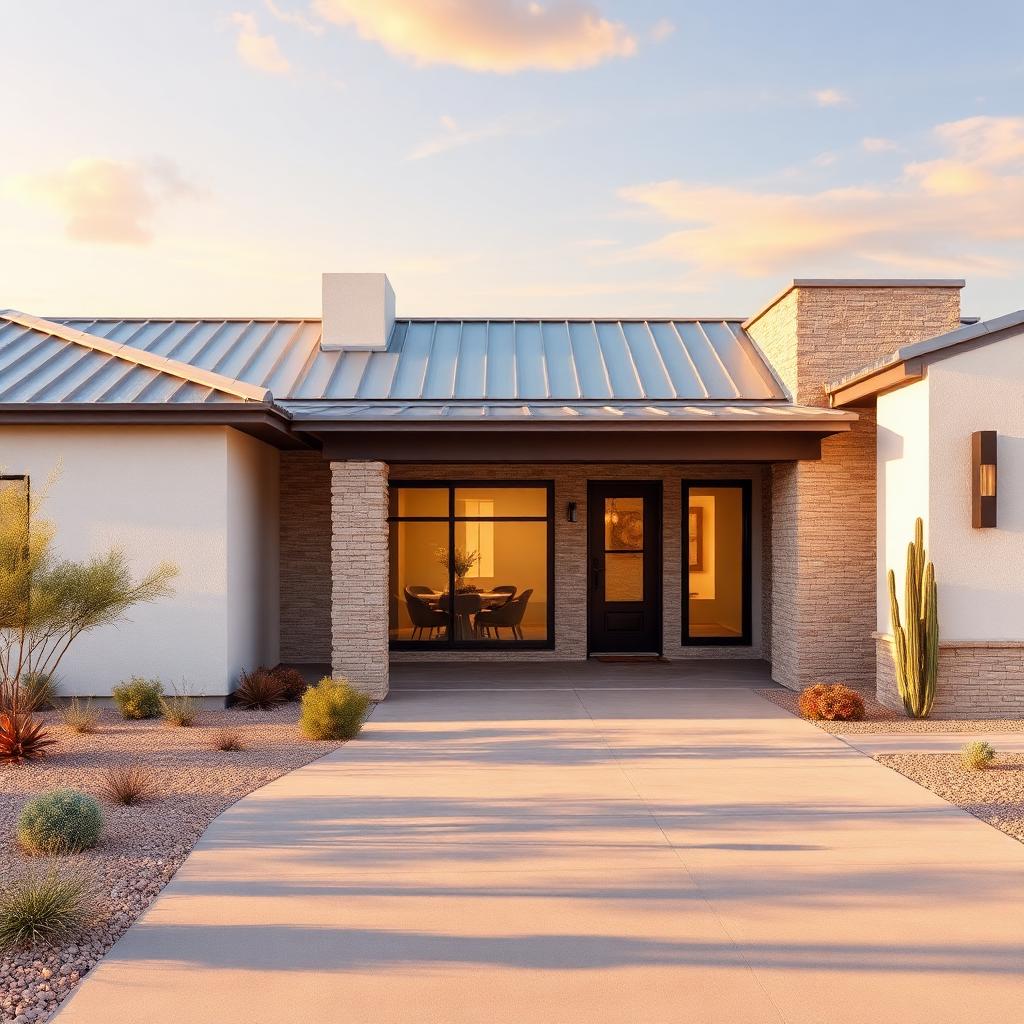 The Piestewa Plan — rendering of a modern transitional single-story desert home with standing-seam metal roof and shaded courtyard entry in Phoenix, Arizona