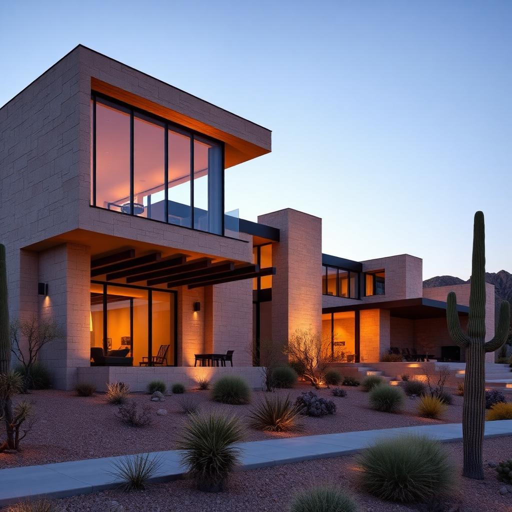 The Pinnacle Plan — rendering of a contemporary luxury custom home with cantilevered stone volumes and glass walls at dusk in Scottsdale, Arizona